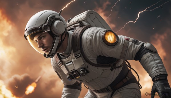 solo,gloves,1boy,male focus,signature,bag,facial hair,backpack,helmet,fire,science fiction,realistic,electricity,pilot suit,explosion,lightning,spacesuit,upper body,smoke,headset,astronaut