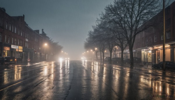 outdoors,sky,cloud,water,tree,no humans,window,night,ground vehicle,building,night sky,scenery,motor vehicle,reflection,rain,city,sign,fence,car,light,road,bridge,power lines,lamppost,bare tree,street,puddle,reflective water,signature,road sign,pavement,real world location