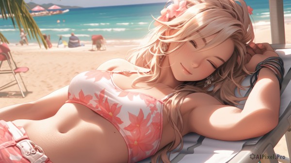 1girl,long hair,breasts,blush,smile,bangs,multiple girls,blonde hair,hair ornament,navel,cleavage,bare shoulders,jewelry,medium breasts,closed mouth,collarbone,swimsuit,closed eyes,upper body,flower,bikini,earrings,outdoors,lying,shorts,solo focus,day,midriff,belt,hair flower,on back,armpits,water,stomach,nail polish,mole,arm up,bracelet,tree,lips,fingernails,ocean,umbrella,chair,beach,floral print,sleeping,bikini top only,facing viewer,pink nails,sand,palm tree,pink bikini,print bikini,beach umbrella,pink shorts,lounge chair,beach chair,solo,sky,mole under eye,white bikini,multiple others