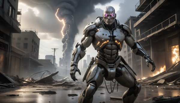 HQ,solo,looking at viewer,1boy,standing,purple eyes,male focus,outdoors,sky,cloud,pink eyes,armor,no humans,glowing,cloudy sky,fire,robot,building,mecha,glowing eyes,smoke,science fiction,city,realistic,military vehicle,electricity,cable,ruins,cyborg,power lines,damaged,lightning,power armor,debris,dust,destruction,rubble,sparks,ground vehicle,motor vehicle,bald,utility pole