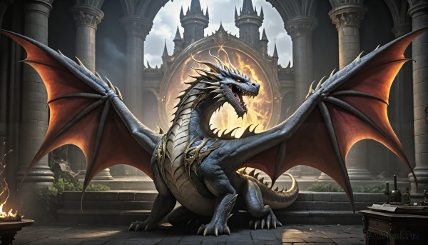 HQ,open mouth,red eyes,tail,outdoors,wings,horns,sky,teeth,cloud,no humans,glowing,fangs,cloudy sky,fire,sharp teeth,scenery,claws,stairs,fantasy,dragon,scales,ruins,pillar,castle,flame,dragon wings,column,breathing fire,day,spikes,monster,statue