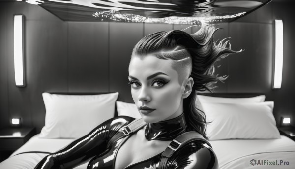 1girl,solo,long hair,breasts,looking at viewer,cleavage,medium breasts,monochrome,upper body,greyscale,indoors,lips,pillow,bodysuit,bed,makeup,lipstick,science fiction,realistic,nose,undercut,smile,shiny