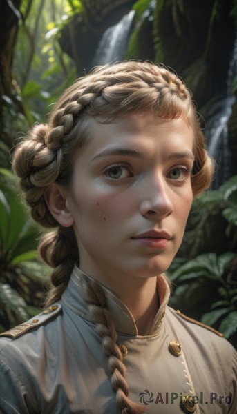 1girl,solo,long hair,looking at viewer,blonde hair,brown hair,closed mouth,green eyes,upper body,braid,hair bun,blurry,uniform,lips,grey eyes,military,single braid,military uniform,buttons,blurry background,plant,portrait,hair over shoulder,freckles,epaulettes,realistic,nose,bangs,jacket,outdoors,day,artist name,twin braids,tree,eyelashes,depth of field,leaf,expressionless,sunlight,nature,forest,light rays,crown braid,dappled sunlight,braided bun,aiguillette