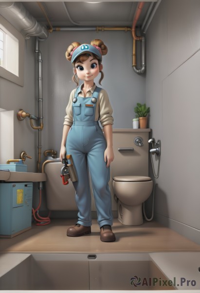 1girl,solo,looking at viewer,smile,short hair,blue eyes,brown hair,shirt,hat,holding,closed mouth,standing,full body,shoes,indoors,hair bun,double bun,brown footwear,plant,sleeves rolled up,potted plant,overalls,wrench,industrial pipe,brown eyes,lips,sleeves pushed up