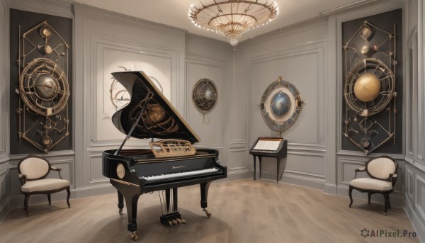 indoors,book,no humans,window,shadow,chair,table,instrument,scenery,wooden floor,door,clock,gears,piano,still life,roman numeral,phonograph,grand piano,sitting,music,stool,playing instrument,drum,speaker,constellation,ceiling light,globe,sheet music,analog clock,wall clock