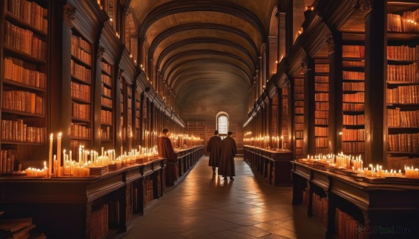 1girl,1boy,indoors,from behind,book,cross,scenery,robe,bookshelf,nun,candle,library,church,candlestand,priest,hat,multiple boys,2boys,fire,multiple others,black robe,chandelier