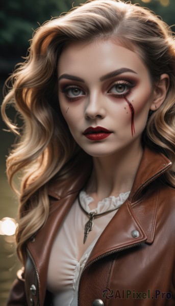 1girl,solo,long hair,breasts,looking at viewer,blonde hair,brown hair,shirt,brown eyes,jewelry,medium breasts,jacket,white shirt,upper body,multicolored hair,earrings,parted lips,open clothes,artist name,necklace,blurry,open jacket,lips,grey eyes,eyelashes,blood,makeup,depth of field,blurry background,wavy hair,lipstick,forehead,eyeshadow,zipper,freckles,curly hair,brown jacket,blood on face,red lips,eyeliner,leather,mascara,realistic,facepaint,leather jacket