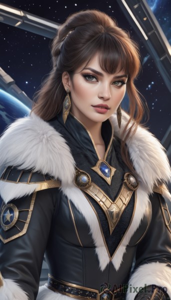 1girl,solo,long hair,breasts,looking at viewer,bangs,brown hair,gloves,brown eyes,jewelry,medium breasts,upper body,earrings,parted lips,belt,mole,lips,coat,grey eyes,fur trim,makeup,nose,space,planet,earth (planet),ponytail,weapon,artist name,armor,thick eyebrows,star (sky),eyeshadow,fur collar,gold trim,emblem