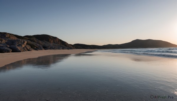 outdoors,sky,day,water,blue sky,no humans,ocean,beach,scenery,reflection,sunset,mountain,sand,horizon,landscape,mountainous horizon,gradient sky,shore,desert,bird,sun,lake,sunrise