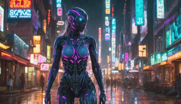 1girl, solo, breasts, standing, outdoors, bodysuit, night, glowing, helmet, science fiction, rain, city, cyborg, neon trim, cyberpunk, neon lights, power suit