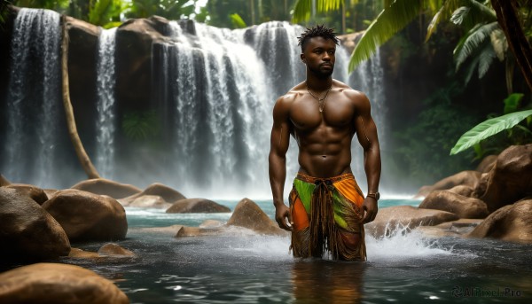 HQ,solo,looking at viewer,short hair,brown hair,black hair,1boy,navel,jewelry,nipples,standing,male focus,outdoors,shorts,day,dark skin,water,necklace,tree,wet,muscular,facial hair,abs,sunlight,dark-skinned male,pectorals,plant,muscular male,spiked hair,nature,bara,wading,clenched hands,forest,large pectorals,topless male,rock,manly,waterfall,thighs,earrings,bracelet,looking to the side,leaf,thick thighs,piercing,bulge,realistic,loincloth,biceps,navel hair,very dark skin,thick arms