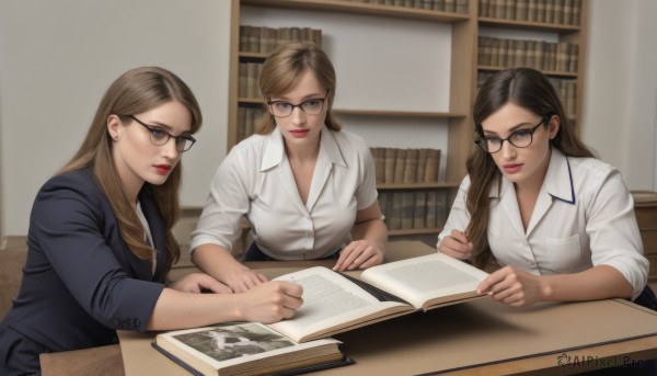 long hair,breasts,looking at viewer,multiple girls,skirt,brown hair,shirt,black hair,twintails,brown eyes,sitting,closed mouth,white shirt,glasses,collared shirt,indoors,3girls,lips,book,chair,table,desk,sleeves rolled up,black-framed eyewear,open book,realistic,bookshelf,pen,office lady,library,office,bangs,long sleeves,holding,jacket,short sleeves,parted lips,parted bangs,grey eyes,dress shirt,formal,suit,pointing,hair over shoulder,wooden table