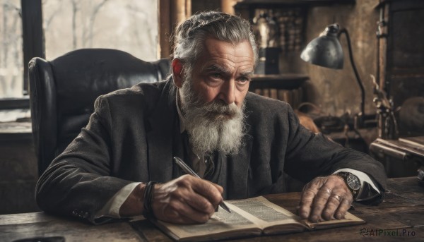 solo,shirt,long sleeves,1boy,holding,jewelry,sitting,closed mouth,jacket,upper body,white hair,grey hair,male focus,necktie,indoors,blurry,black jacket,book,window,blurry background,facial hair,chair,formal,table,ring,suit,black necktie,beard,desk,watch,paper,open book,realistic,mustache,pen,wristwatch,lamp,manly,old,old man,photo background,writing,desk lamp,wrinkled skin,nib pen (object),looking at viewer,grey eyes,depth of field,pencil