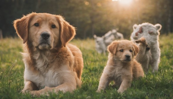 outdoors,day,signature,blurry,black eyes,tree,no humans,depth of field,blurry background,animal,sunlight,grass,nature,forest,dog,realistic,animal focus,looking at viewer,red eyes,pokemon (creature),puppy