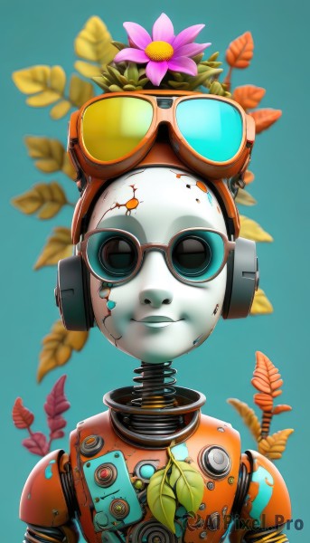 solo,looking at viewer,smile,simple background,1boy,upper body,flower,male focus,parted lips,blurry,no humans,leaf,blue background,plant,robot,goggles,mecha,1other,pink flower,science fiction,android,cable,straight-on,aqua background,orange flower,mechanical parts,humanoid robot,artist name,sunglasses,portrait,facing viewer,green background,purple flower,joints,robot joints,gears,cyberpunk,radio antenna