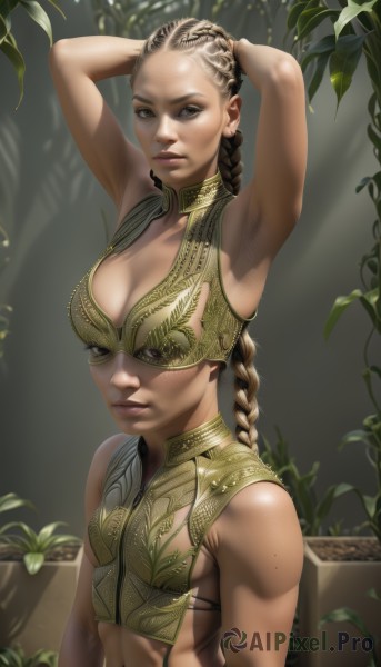 1girl,solo,long hair,breasts,looking at viewer,blonde hair,brown hair,cleavage,brown eyes,medium breasts,upper body,braid,midriff,armpits,mole,arms up,lips,single braid,plant,arms behind head,freckles,realistic,nose,navel,dark skin,twin braids,dark-skinned female,crop top,leaf,nature,armpit hair,dreadlocks