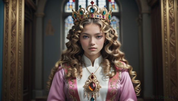 1girl,solo,long hair,looking at viewer,blue eyes,blonde hair,brown hair,shirt,dress,jewelry,closed mouth,white shirt,upper body,earrings,indoors,necklace,blurry,lips,depth of field,blurry background,wavy hair,expressionless,drill hair,tiara,crown,brooch,gem,pink dress,pendant,curly hair,realistic,nose,pink jacket,ringlets,blue gemstone,stained glass,red gemstone,princess,church,green gemstone,parted lips