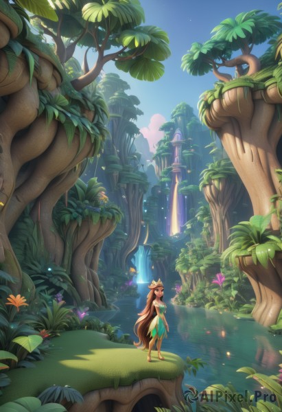 1girl,solo,long hair,brown hair,hair ornament,dress,bare shoulders,very long hair,standing,flower,outdoors,sky,barefoot,day,pointy ears,hair flower,water,tree,leaf,sandals,grass,plant,nature,scenery,forest,green dress,fantasy,mushroom,waterfall,breasts,blue eyes,cleavage,brown eyes,medium breasts,vines