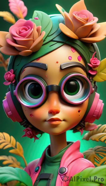 1girl,solo,looking at viewer,short hair,simple background,shirt,hair ornament,closed mouth,green eyes,jacket,upper body,flower,glasses,artist name,hair flower,dark skin,blurry,lips,gradient,petals,gradient background,makeup,rose,headphones,leaf,plant,lipstick,goggles,portrait,pink flower,freckles,green background,goggles on head,pink rose,facial mark,headset,forehead mark,green shirt,dirty