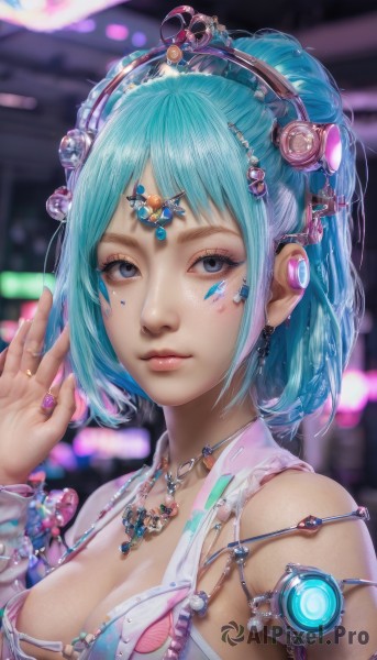 1girl,solo,breasts,looking at viewer,short hair,bangs,blue eyes,hair ornament,cleavage,bare shoulders,jewelry,medium breasts,closed mouth,blue hair,upper body,earrings,frills,hand up,necklace,nail polish,blurry,bracelet,lips,fingernails,grey eyes,eyelashes,aqua hair,makeup,depth of field,blurry background,ring,gem,armlet,science fiction,realistic,nose,mascara,underwear,artist name,bra,headphones,facial mark,pink nails,beads,pink lips,cable,nail art