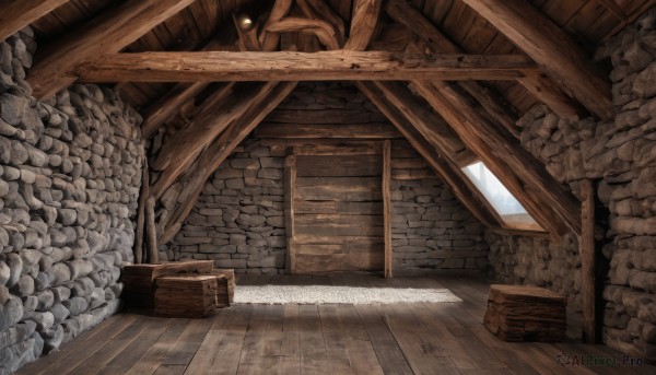 day,indoors,dutch angle,no humans,window,sunlight,box,scenery,wooden floor,stairs,door,wall,brick wall,barrel,wooden wall,stone wall,crate,wood,lamp,ceiling,stone floor,brick,brick floor