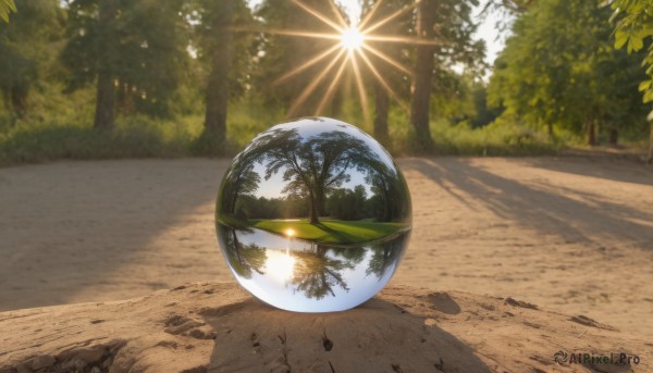 outdoors,sky,day,tree,no humans,shadow,leaf,sunlight,grass,plant,nature,scenery,forest,reflection,light rays,sun,road,bush,path,blurry,science fiction,realistic,planet,still life