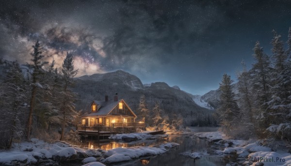 outdoors,sky,cloud,tree,no humans,window,night,fire,building,star (sky),nature,night sky,scenery,snow,forest,smoke,starry sky,snowing,mountain,house,winter,bare tree,pine tree,grass,rock,path,chimney