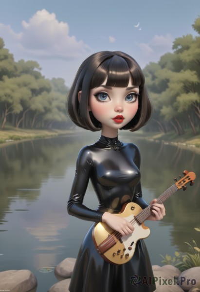 1girl,solo,breasts,looking at viewer,short hair,bangs,blue eyes,brown hair,black hair,long sleeves,dress,holding,jewelry,standing,cowboy shot,small breasts,outdoors,parted lips,sky,teeth,day,shiny,artist name,cloud,signature,blunt bangs,water,necklace,black dress,shiny hair,covered nipples,tree,blue sky,lips,shiny skin,eyelashes,bodysuit,makeup,bird,bob cut,grass,lipstick,instrument,nature,skin tight,forest,shiny clothes,rock,music,black bodysuit,guitar,red lips,eyeliner,playing instrument,holding instrument,latex,river,electric guitar,lake,mascara,plectrum,pond,latex bodysuit,blush,moon,reflection,nose