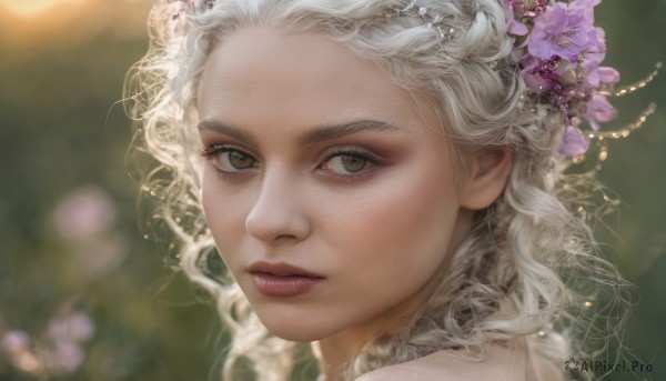 1girl,solo,long hair,looking at viewer,hair ornament,brown eyes,closed mouth,flower,white hair,hair flower,blurry,lips,eyelashes,makeup,depth of field,blurry background,wavy hair,portrait,close-up,curly hair,realistic,nose,purple flower,red lips,yellow eyes,mascara