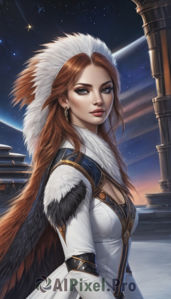 1girl,solo,long hair,breasts,looking at viewer,blue eyes,brown hair,long sleeves,dress,cleavage,jewelry,medium breasts,green eyes,upper body,earrings,sky,white dress,from side,lips,fur trim,makeup,night,feathers,star (sky),starry sky,fur collar,realistic,nose,red lips,space,pillar,bangs,closed mouth,red hair,coat,clothing cutout,cleavage cutout,lipstick,eyeshadow,white coat,shooting star