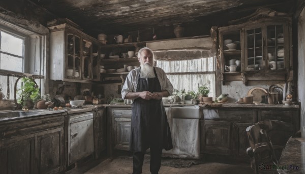 solo,shirt,long sleeves,1boy,holding,standing,white shirt,flower,white hair,male focus,food,pants,indoors,apron,cup,ascot,window,facial hair,chair,black pants,table,plant,scenery,beard,plate,potted plant,bread,old,old man,kitchen,jar,black apron,bald,cabinet