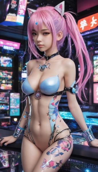 1girl,solo,long hair,breasts,looking at viewer,bangs,blue eyes,navel,animal ears,cleavage,bare shoulders,twintails,jewelry,medium breasts,closed mouth,standing,collarbone,swimsuit,pink hair,bikini,cowboy shot,choker,cat ears,stomach,collar,bracelet,lips,strapless,tattoo,makeup,fake animal ears,facial mark,piercing,revealing clothes,science fiction,realistic,nose,navel piercing,leg tattoo,cyberpunk,brown eyes,outdoors,artist name,necklace,nail polish,blurry,wrist cuffs,night,blurry background,highleg,armlet,neon lights