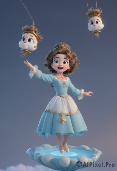 1girl,solo,looking at viewer,smile,short hair,open mouth,blue eyes,brown hair,long sleeves,dress,standing,collarbone,full body,:d,frills,shoes,teeth,medium hair,black eyes,blue dress,upper teeth only,blue background,white footwear,tiara,crown,curly hair,aqua dress,breasts,simple background,hair ornament,brown eyes,small breasts,gradient,gradient background,thick eyebrows,dancing,ballet slippers