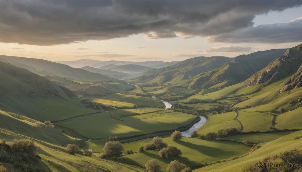 outdoors,sky,day,cloud,tree,no humans,cloudy sky,grass,nature,scenery,forest,mountain,road,field,landscape,mountainous horizon,hill,sunset,path