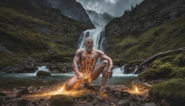 solo,1boy,white hair,grey hair,male focus,nude,outdoors,water,completely nude,muscular,facial hair,fire,pectorals,muscular male,scenery,beard,rock,mountain,mature male,realistic,mustache,one knee,old,old man,river,waterfall,molten rock,short hair,jewelry,sitting,sky,cloud,tattoo,glowing,cloudy sky,nature,fantasy,magic