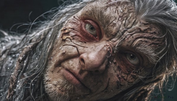 solo,looking at viewer,1boy,closed mouth,white hair,grey hair,male focus,water,grey eyes,blood,facial hair,scar,portrait,beard,close-up,realistic,old,wrinkled skin,long hair,black eyes,veins,old man