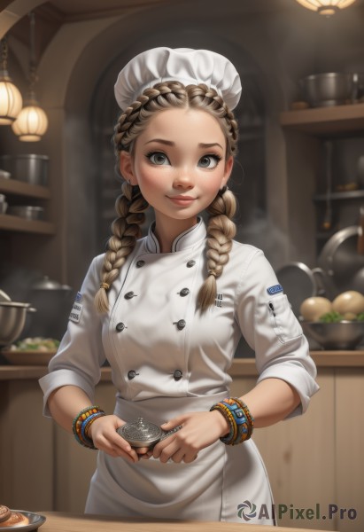 1girl,solo,long hair,looking at viewer,smile,brown hair,hat,holding,brown eyes,jewelry,closed mouth,braid,earrings,food,indoors,blurry,apron,twin braids,bracelet,lips,grey eyes,buttons,depth of field,blurry background,white headwear,steam,hair over shoulder,forehead,plate,sleeves rolled up,freckles,bowl,chef hat,chef,soup,breasts,blush,long sleeves,twintails,upper body,artist name,fruit,piercing,mob cap,light brown hair,realistic,nose