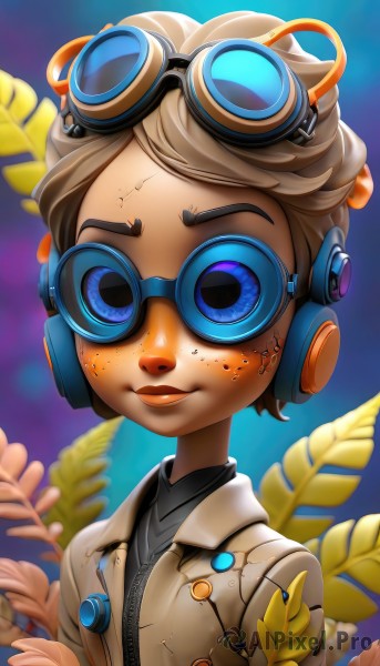 1girl,solo,looking at viewer,smile,short hair,blue eyes,brown hair,shirt,jacket,upper body,artist name,blurry,lips,headphones,goggles,zipper,freckles,goggles on head,brown jacket,blonde hair,flower,leaf,plant,robot,nose,labcoat,android,joints,cable,cyborg,dirty,robot joints