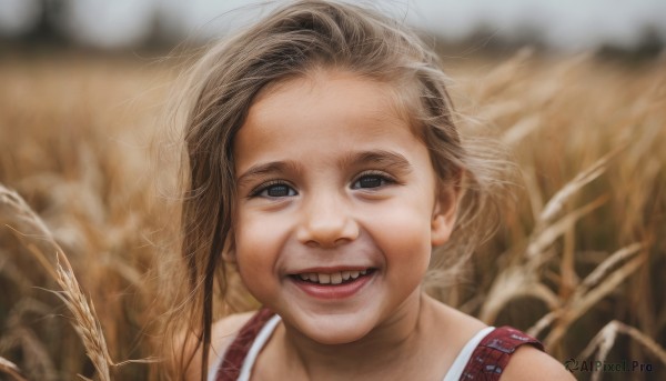 1girl,solo,looking at viewer,smile,short hair,open mouth,blue eyes,brown hair,outdoors,teeth,bag,grin,blurry,black eyes,lips,blurry background,backpack,child,portrait,realistic,female child,1boy,brown eyes,male focus,floating hair,depth of field,parody,forehead,wheat