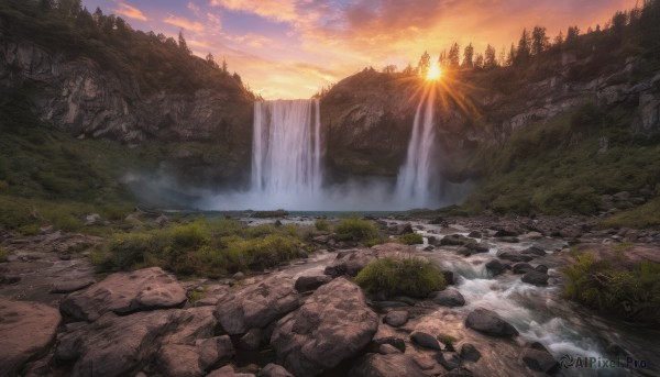 outdoors, sky, cloud, water, tree, no humans, nature, scenery, forest, sunset, rock, mountain, sun, river, waterfall, landscape, cliff