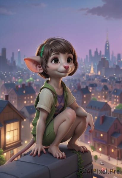 1girl,solo,smile,short hair,bangs,brown hair,shirt,animal ears,brown eyes,tail,full body,short sleeves,outdoors,sky,shorts,barefoot,pointy ears,artist name,cloud,signature,blurry,vest,fingernails,night,squatting,building,child,furry,toenails,city,furry female,mouse tail,body fur,green vest,green shorts,animal nose,whiskers,rooftop,1boy,male focus,hood,claws,mouse ears,furry male,open vest,brown fur,town