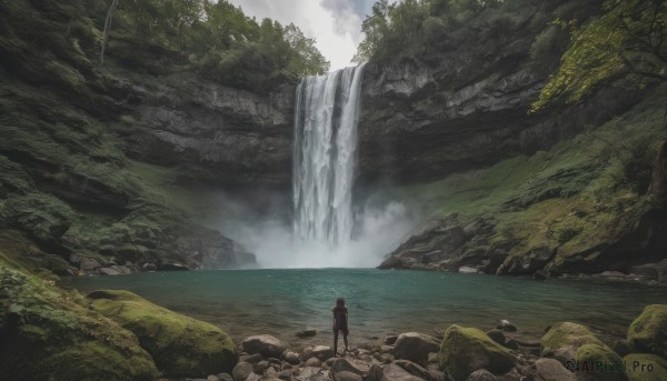 solo, 1boy, standing, outdoors, day, water, tree, nature, scenery, forest, rock, waterfall