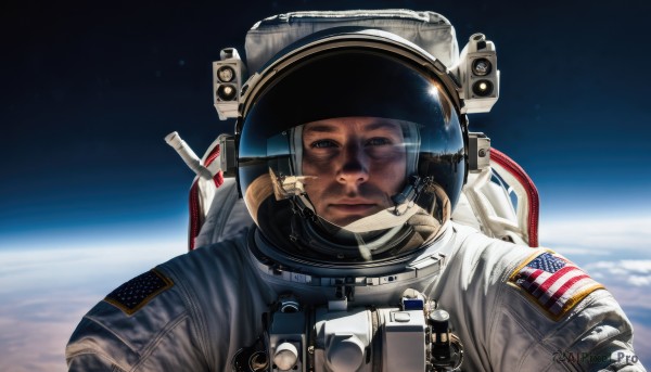 solo,looking at viewer,1boy,upper body,male focus,helmet,star (sky),reflection,science fiction,realistic,space,planet,earth (planet),american flag,spacesuit,japanese flag,united states,astronaut,blue eyes,closed mouth,portrait,straight-on,space helmet,american flag print