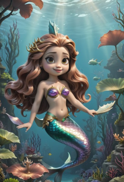 1girl,solo,long hair,breasts,looking at viewer,smile,brown hair,hair ornament,navel,bare shoulders,brown eyes,collarbone,swimsuit,full body,bikini,small breasts,artist name,lips,sunlight,monster girl,fish,bubble,light rays,underwater,scales,air bubble,mermaid,sunbeam,shell,starfish,coral,shell bikini,seaweed,chibi,ocean,leaf,watermark,crown,bikini top only,turtle,clownfish