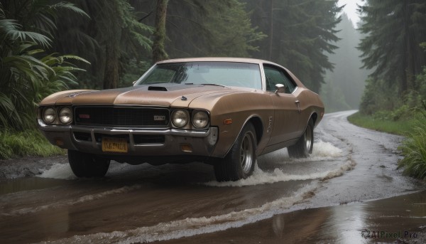 A motor vehicle in a breathtaking rainy outdoors