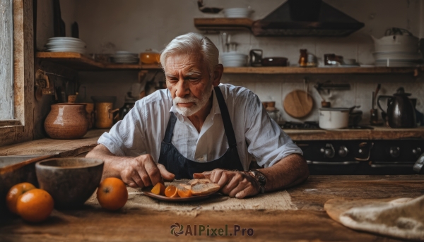 solo,short hair,shirt,1boy,holding,closed mouth,closed eyes,white shirt,upper body,white hair,grey hair,male focus,food,collared shirt,indoors,apron,fruit,facial hair,scar,table,knife,beard,sleeves rolled up,bowl,watch,realistic,spoon,mustache,apple,holding knife,wristwatch,old,old man,cooking,orange (fruit),kitchen,arm hair,black apron,counter,wooden table,wrinkled skin,cutting board,blurry,bracelet,cup,window,dress shirt,depth of field,blurry background,scar on face,plate,scar across eye,manly,bread,sleeves pushed up,mandarin orange