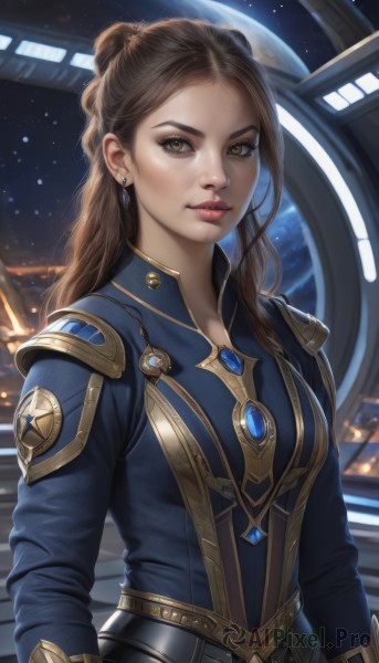 1girl,solo,long hair,breasts,looking at viewer,brown hair,long sleeves,brown eyes,jewelry,upper body,earrings,sky,artist name,hair bun,armor,lips,makeup,night,gem,star (sky),starry sky,freckles,realistic,nose,space,planet,earth (planet),medium breasts,parted lips,science fiction,spacecraft