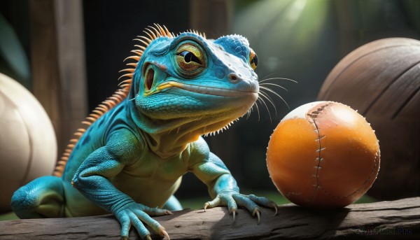 HQ,solo,closed mouth,yellow eyes,teeth,blurry,black eyes,no humans,blurry background,claws,ball,monster,realistic,frog,whiskers,dinosaur,full body,indoors,signature,pokemon (creature),animal,veins,light rays,animal focus,lizard