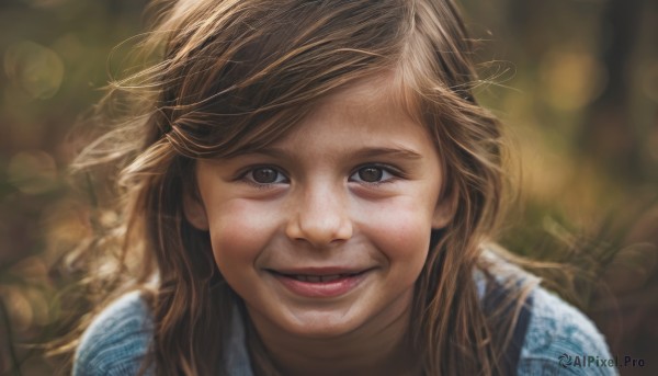 1girl,solo,long hair,looking at viewer,smile,brown hair,brown eyes,parted lips,teeth,signature,blurry,lips,depth of field,blurry background,portrait,realistic,nose,bokeh,open mouth,bangs,1boy,male focus,facial hair