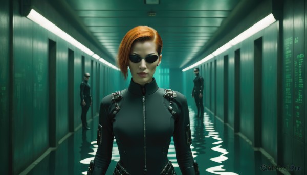 1girl,breasts,looking at viewer,short hair,blonde hair,brown hair,jewelry,medium breasts,standing,jacket,upper body,earrings,multiple boys,solo focus,indoors,orange hair,lips,bodysuit,sunglasses,zipper,reflection,science fiction,realistic,leather,cyborg,hallway,cyberpunk,solo,multiple girls,2girls,2boys